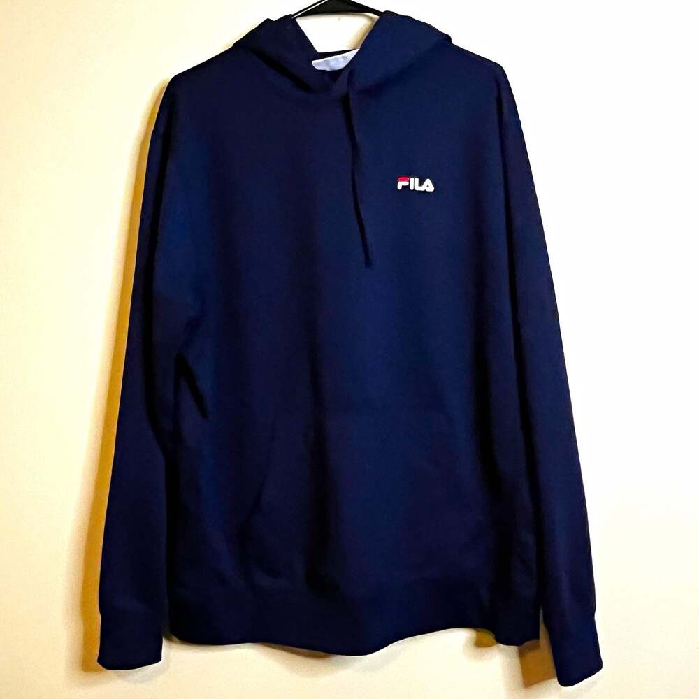 FILA Mens Blue Fleece Pullover Hoodie Size Large Drawstring Kangaroo Pocket Logo